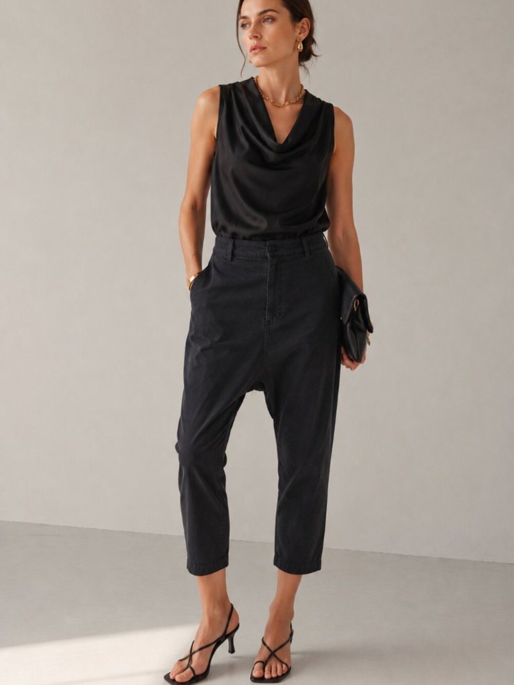 Nili Lotan 10 Paris Pants $345 Cotton Drop Crotch Crop Slouchy Washed Black Blue